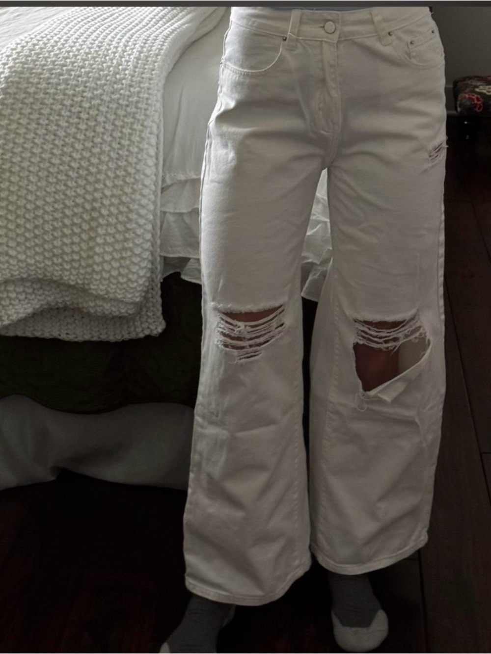 SHEIN White Distressed Flare Wide-Leg Jeans